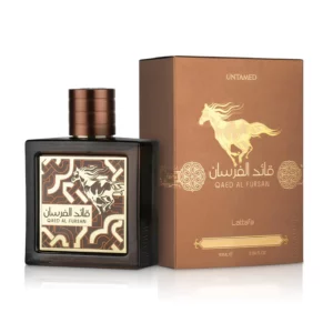 Lattafa-Qaed-Al-Fursan-Untamed-perfume-bottle-beside-box-against-white-background QAED AL FURSAN UNTAMED